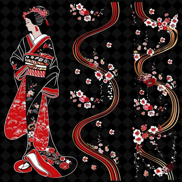 PSD hand painted silk with japanese kimono borderlines design en png collage art collections