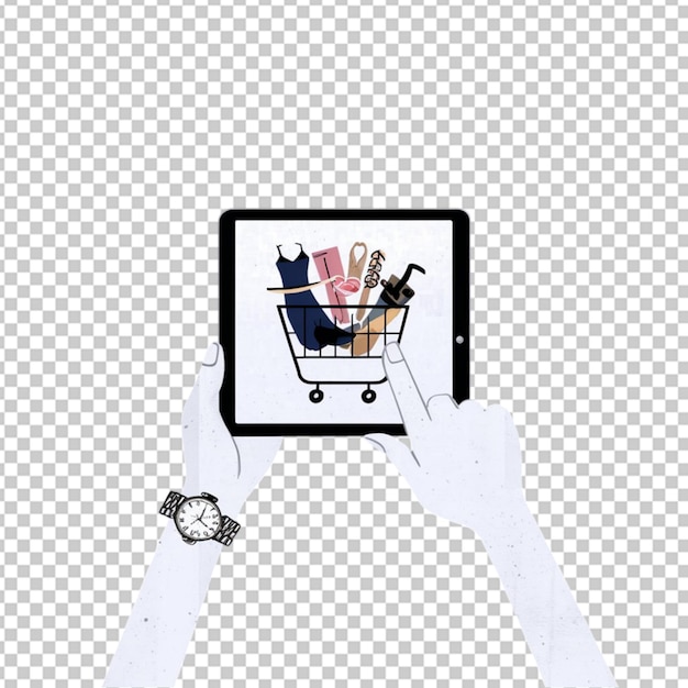 PSD hand placing items into an online shopping cart on a tablet