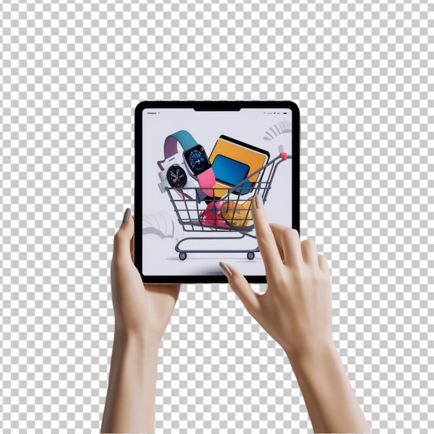 PSD hand placing items into an online shopping cart on a tablet