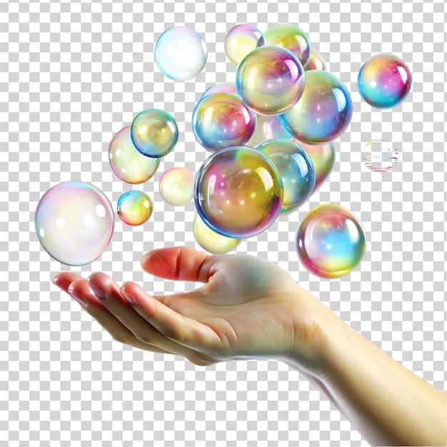 PSD hand playing with soap bubble isolated on transparent background