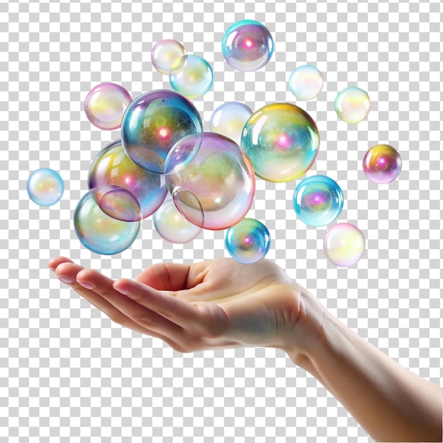 PSD hand playing with soap bubble isolated on transparent background