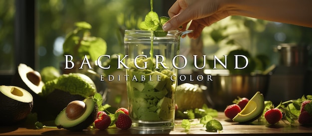 PSD hand pouring healthy avocado smoothie from blender jar into glass on wooden table