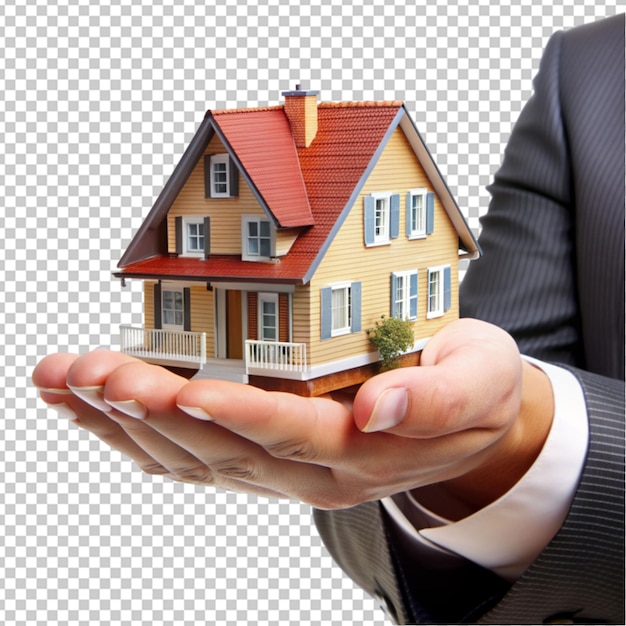 PSD hand presenting model house for home loan campaign transparent background