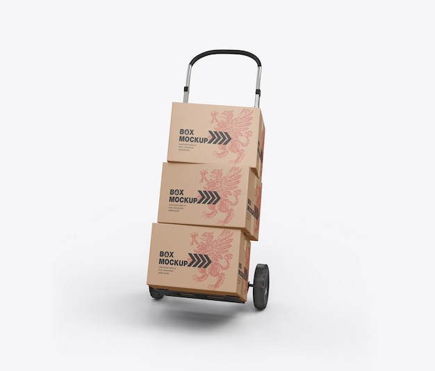 PSD hand truck with boxes mockup