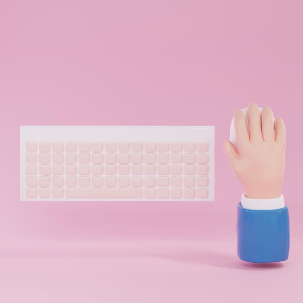 Hand with computer keyboard and mouse on pink background 3D Rendering