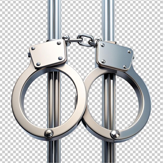 handcuffs holding jail bar on transparent background