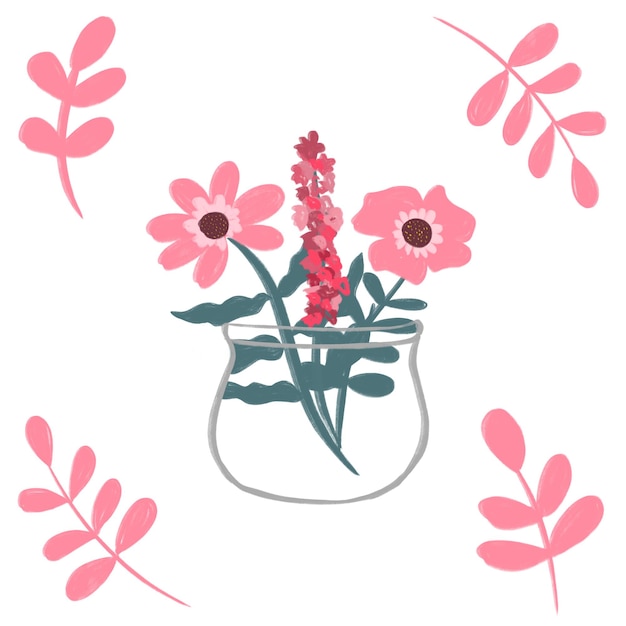 Handdrawn design element featuring a beautiful aesthetic flower in a transparent pot