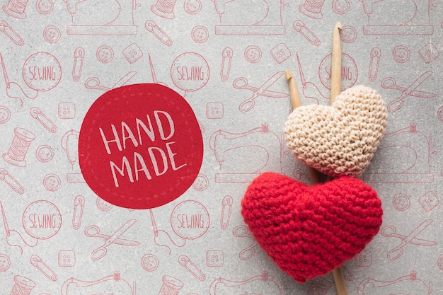 PSD handmade knitted hearts mock-up