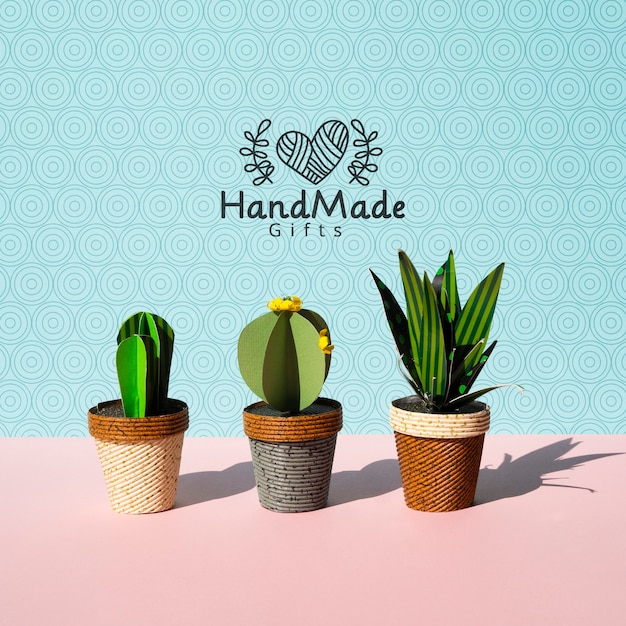 Handmade paper cacti with pots background