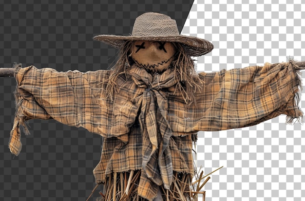 Handmade scarecrow guarding the autumn harvest field on transparent background stock png