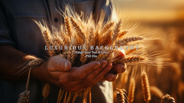 The hands of a farmer close up pour a handful of wheat grains