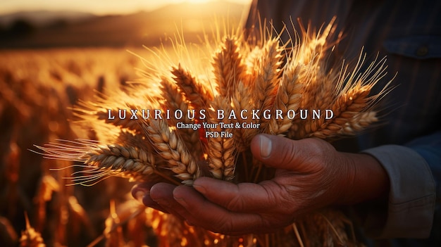 The hands of a farmer close up pour a handful of wheat grains