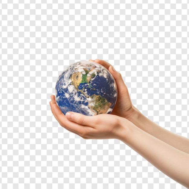 PSD hands gently supporting the earth side view isolate on transparency background