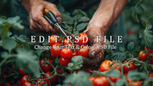 PSD hands harvesting ripe tomatoes in a lush garden