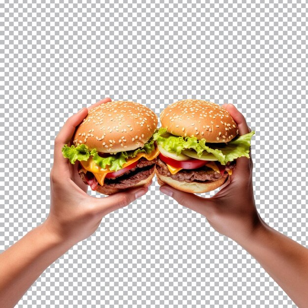 PSD hands hold burgers isolated on transparent background