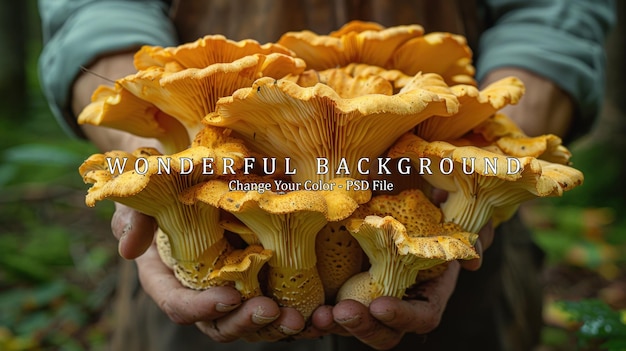 PSD hands holding a bouquet of chanterelle mushrooms