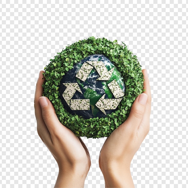 PSD hands holding earth with recycle symbol