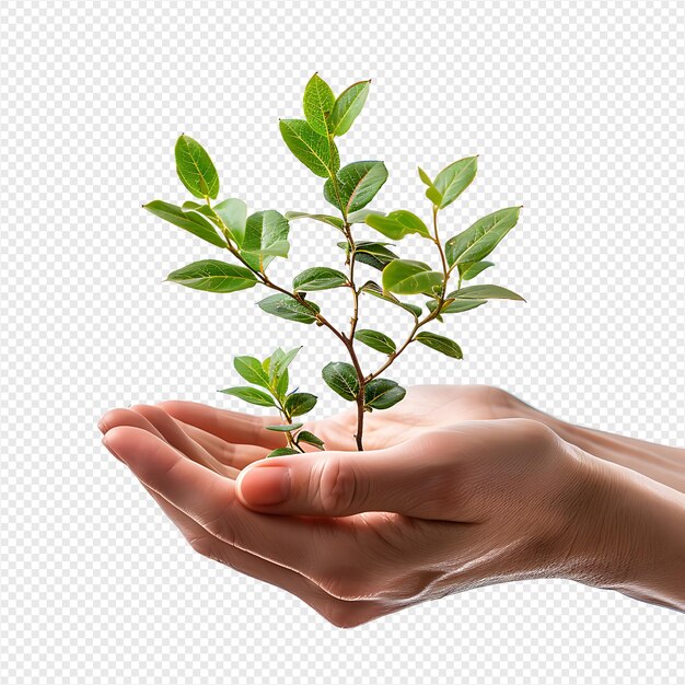 PSD hands holding plant side view on isolated transparent background