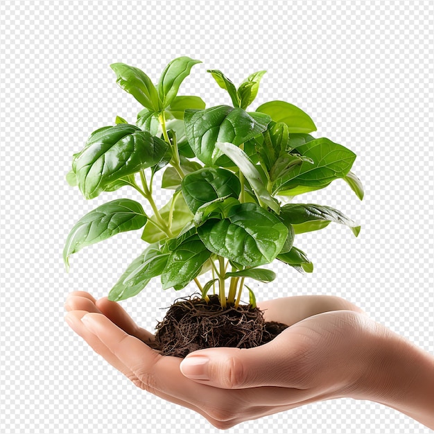 Hands holding plant side view on isolated transparent background