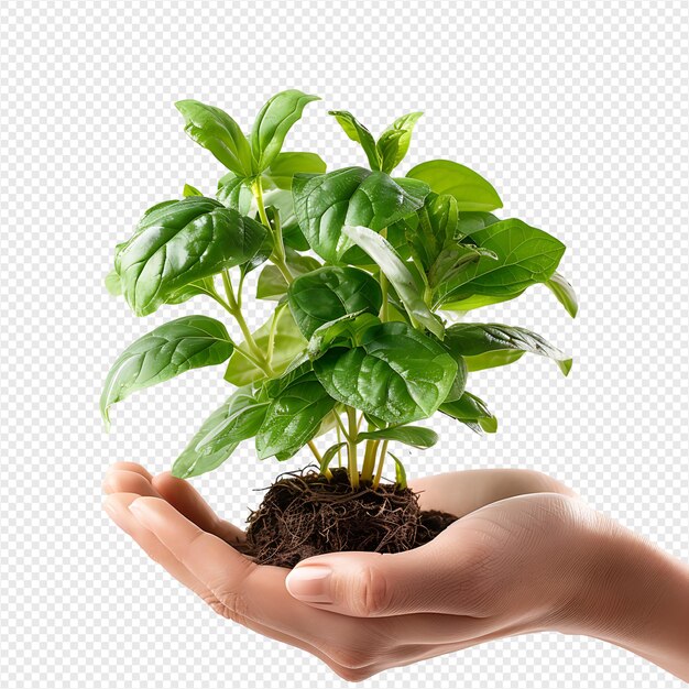 PSD hands holding plant side view on isolated transparent background