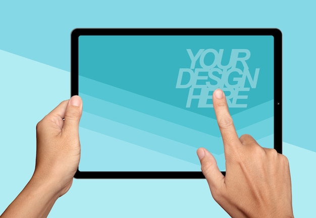 PSD hands holding and point on tablet mockup