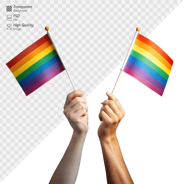 PSD hands holding pride flags on a transparent background representing lgbtq pride and equality