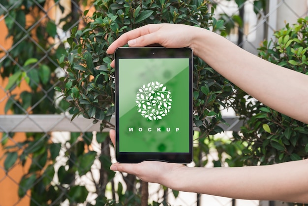 Hands holding tablet mockup with gardening concept