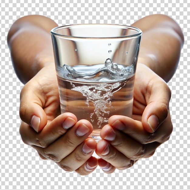 Hands holding water droplets on transparent background