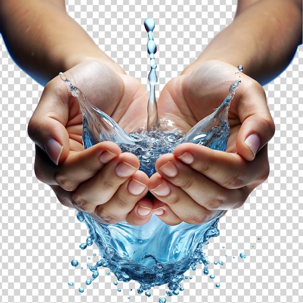 Hands holding water droplets on transparent background