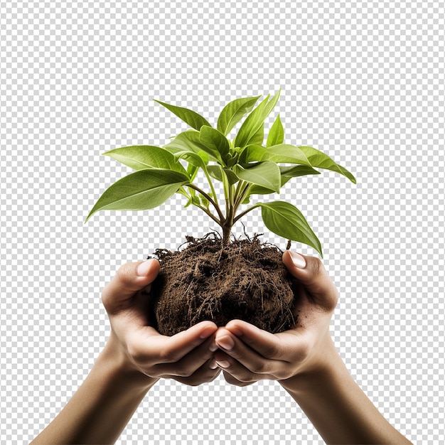 Hands holding young green plant isolated on white background