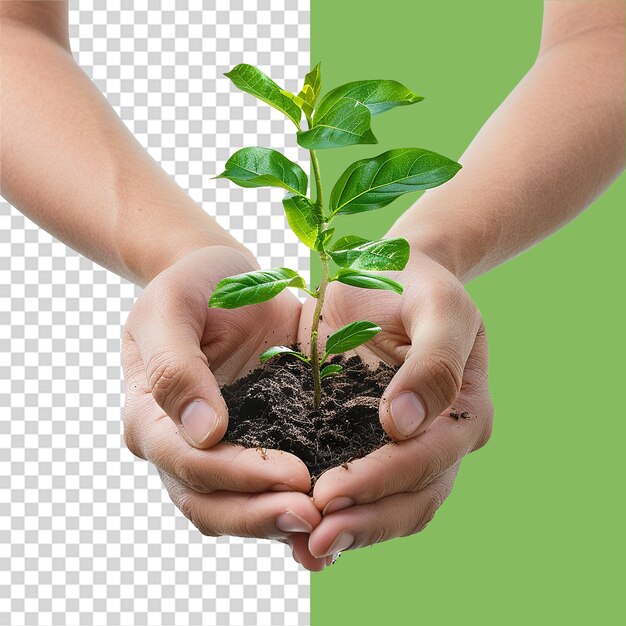 PSD hands holding young green plant png isolated on transparent background