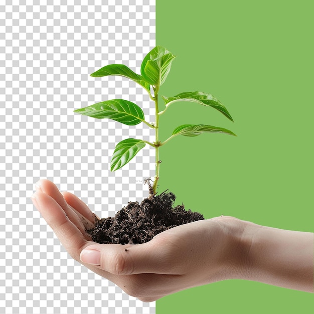 Hands holding young green plant png isolated on transparent background