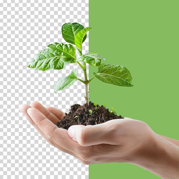 PSD hands holding young green plant png isolated on transparent background