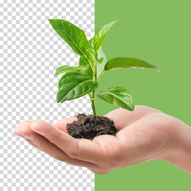 Hands holding young green plant png isolated on transparent background