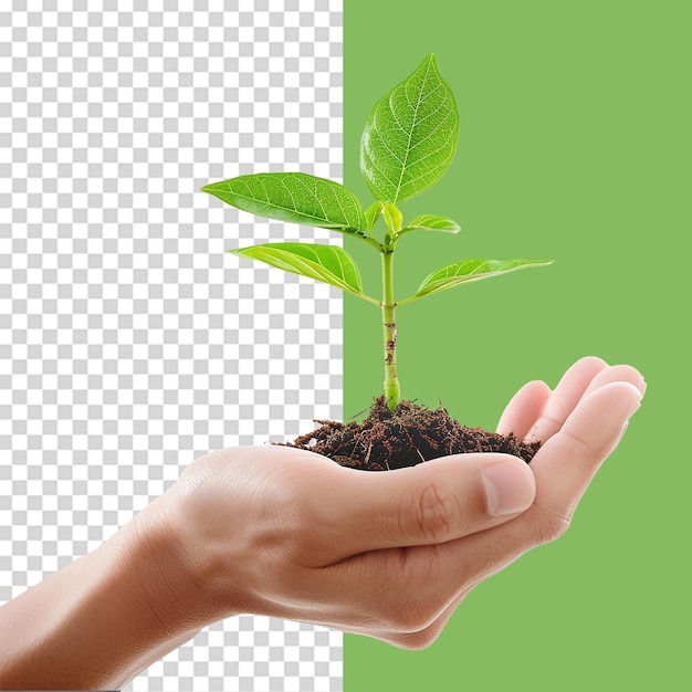 Hands holding young green plant png isolated on transparent background