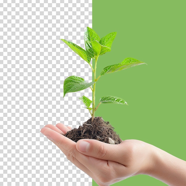 Hands holding young green plant png isolated on transparent background