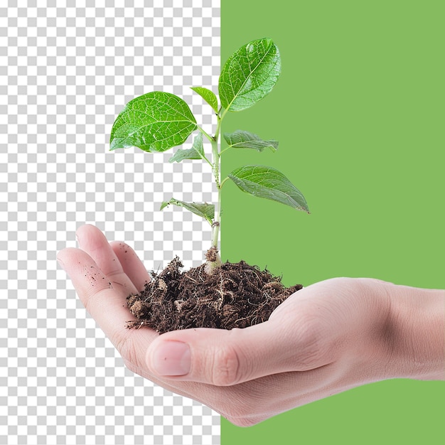 Hands holding young green plant png isolated on transparent background