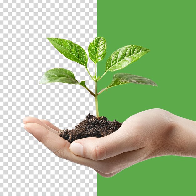 Hands holding young green plant png isolated on transparent background