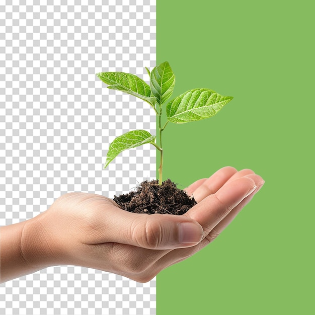 PSD hands holding young green plant png isolated on transparent background