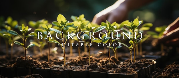 Hands holding young shoots at ground level for planting