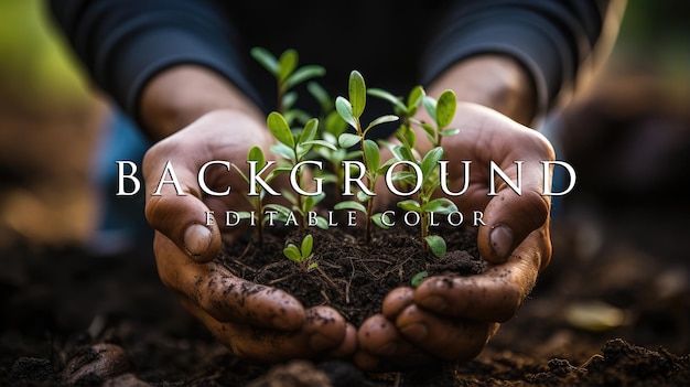 Hands holding young shoots at ground level for planting