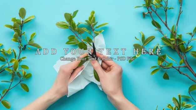 PSD hands trimming a branch with pruning shears on a blue background