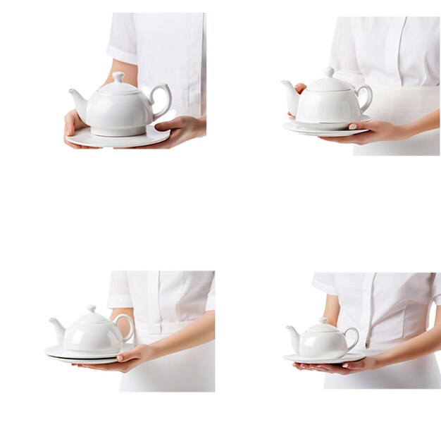 PSD hands of a waitress in white uniform serving a teapot with a small plate underneath