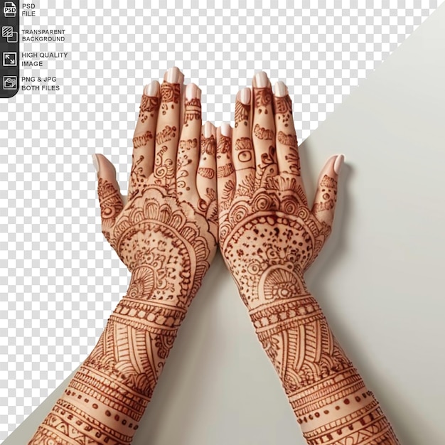 Hands with traditional henna design isolated on transparent background