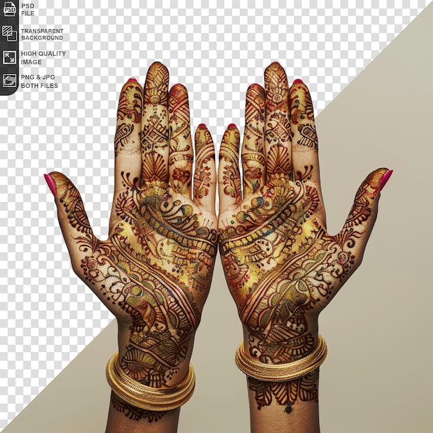 PSD hands with traditional henna design isolated on transparent background