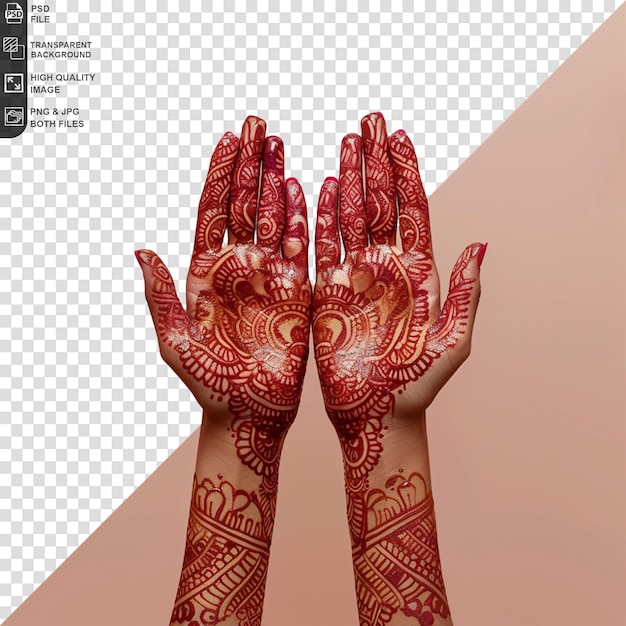 PSD hands with traditional henna design isolated on transparent background