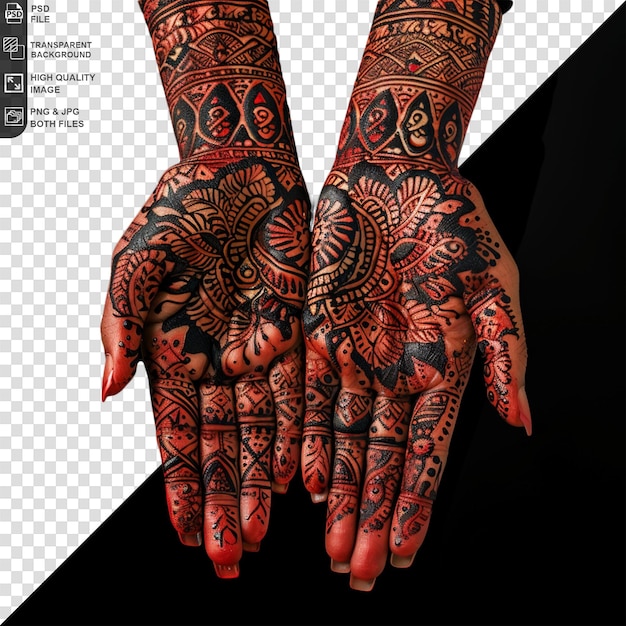 PSD hands with traditional henna design isolated on transparent background