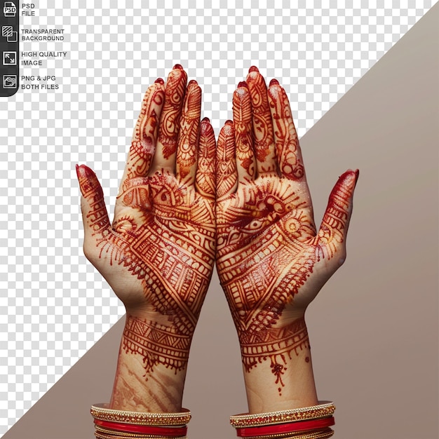 PSD hands with traditional henna design isolated on transparent background