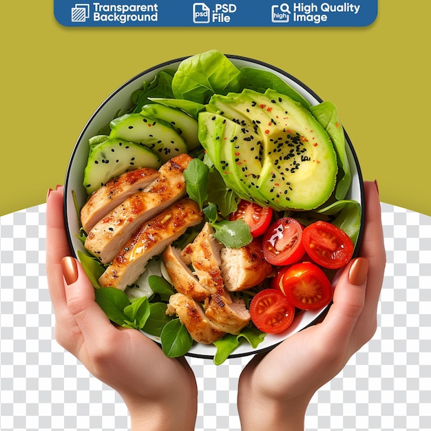 PSD hands of a woman grasp a salad bowl tomatoes chicken avocado green leaves top view