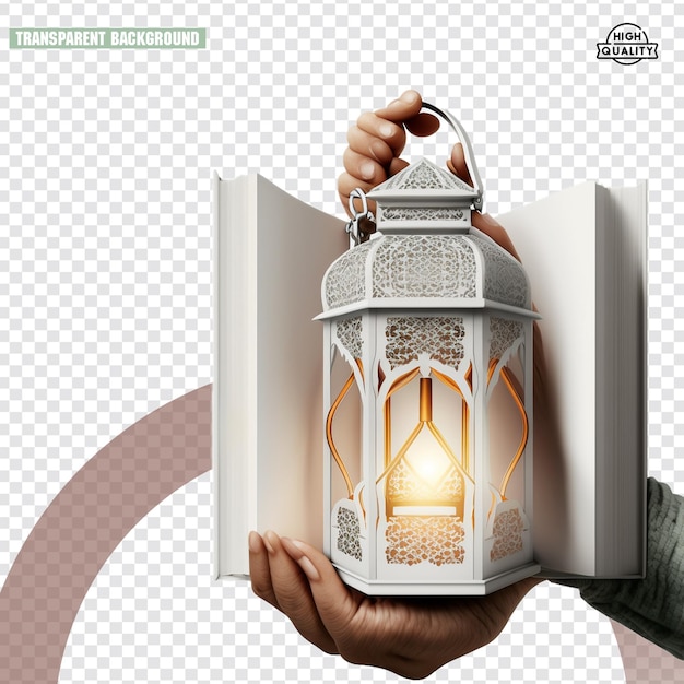 PSD hands of young asian muslim man holding shiny arabic lantern on transparent background